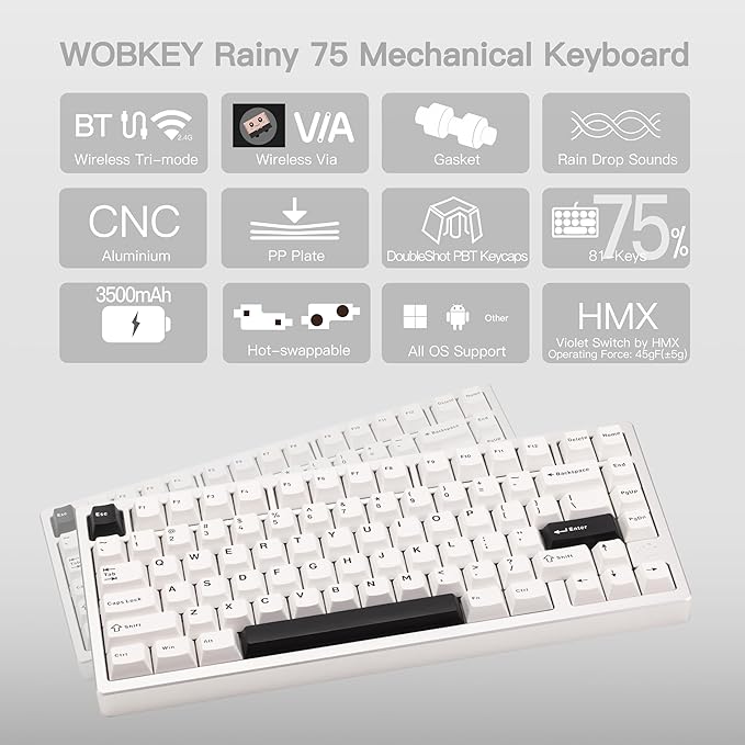 KEEBMONKEY WOBKEY Rainy 75 CNC Aluminum HMX/JWK/Cocoa Switches Triple-Mode - Image 2
