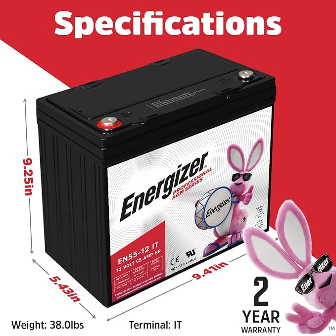 Energizer EN55-12IT, 12 Volt 55 Amp Hr, Long Lasting Sealed Lead Acid AGM - Image 2