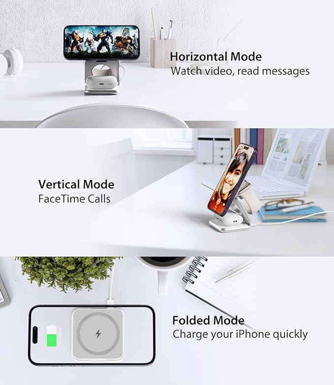 Foldable Magnetic Wireless Charger, KU XIU X40 Aluminum Alloy 3-in-1 Charging - Image 4