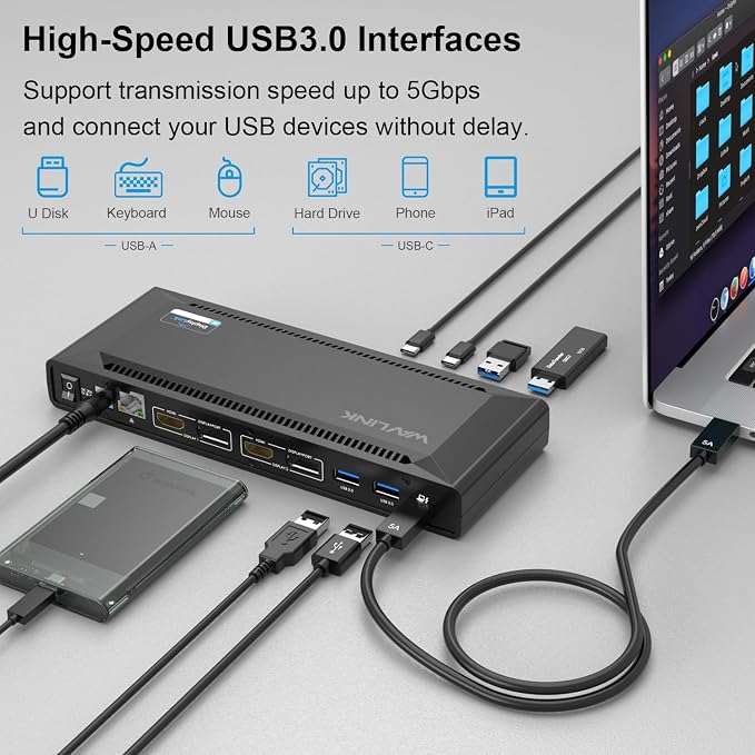 WAVLINK DisplayLink Laptop Docking Station Dual 4K@60Hz, 100W PD Charging - Image 6