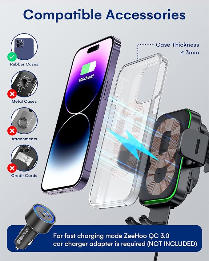 Wireless Car Charger, ZEEHOO DUOXX Dual Coils 15W Fast Charging Auto-Clamping - Image 7