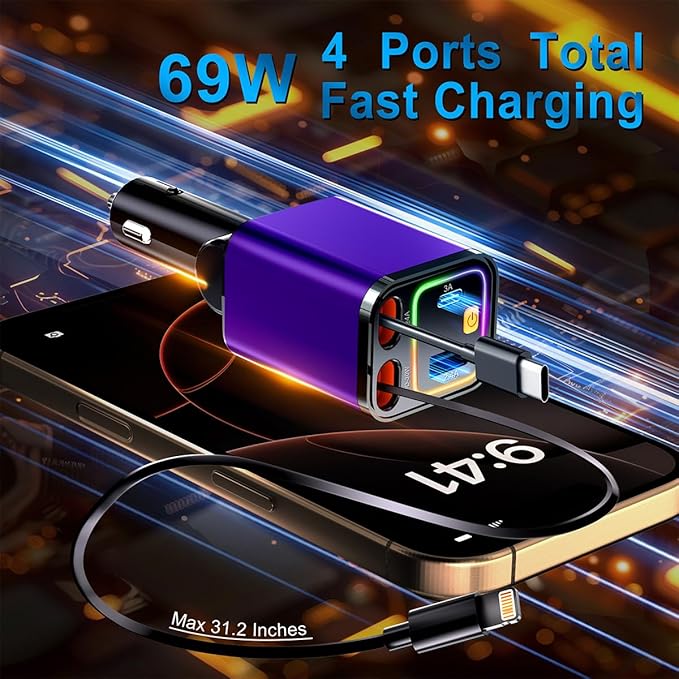 4 in 1 Retractable Car Charger, 69W Car Charger USB C, Cigarette Lighter Adapter - Image 2