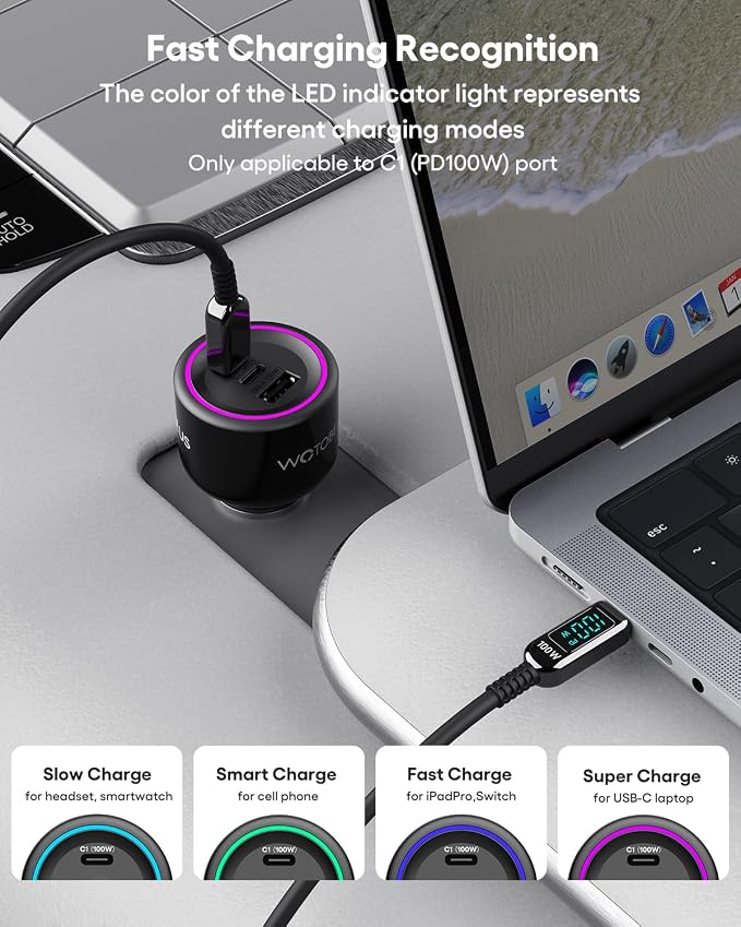 WOTOBEUS 175W Car Charger Dual USB C Adapter: PD 100W & PPS 45W - Image 3