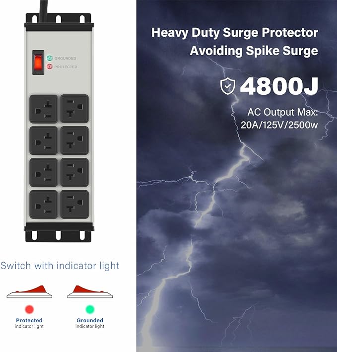 CCCEI Grey Heavy Duty Power Strip Surge Protector 20 AMP, 8 Outlets 12 Gauge - Image 2