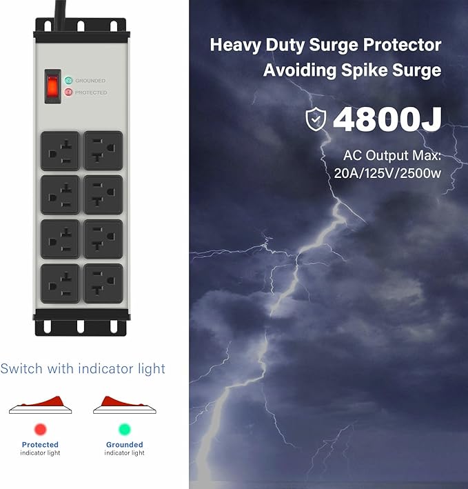 CCCEI Grey Heavy Duty Power Strip Surge Protector 20 AMP, 8 Outlets 12 Gauge - Image 2