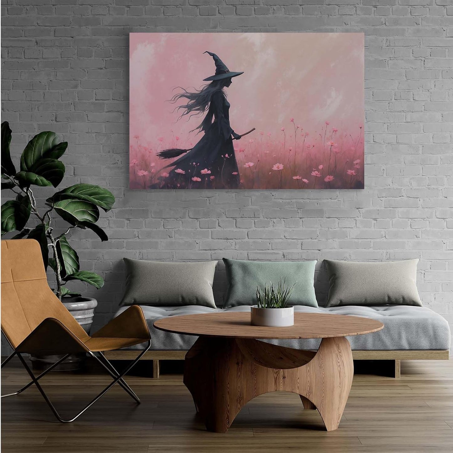 JFHCQJPK Witch in the pink sea of flowers Halloween prints weird flowers wall art silhouette painting fashionable romantic decoration suitable for bedroom28x40in Frameless