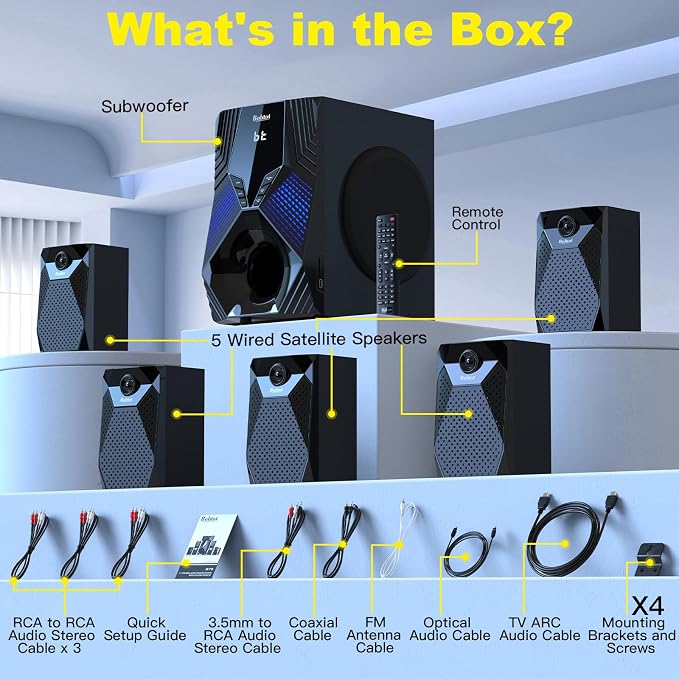 1000W Surround System 5 Wired Satellite Audio Speakers 8 inch Subwoofer 5.1/2.1 - Image 6