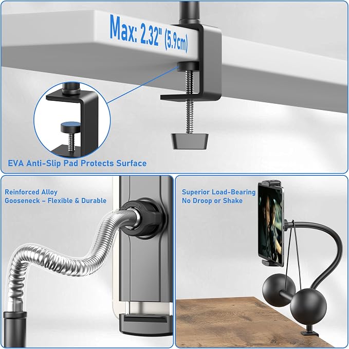 Tablet Stand for Desk, Gooseneck iPad Holder Clamp Mount, 360° Adjustable Arm - Image 2