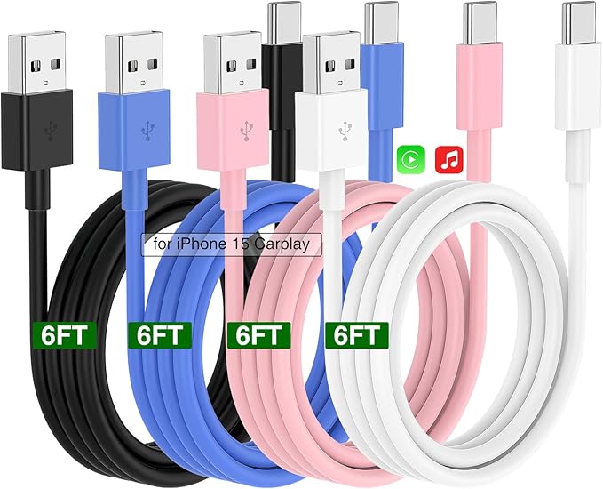 Car Carplay Cable for iPhone 17 16 15 Charger Cord, 4 Pack 6FT USB A to USB C by Cabepow