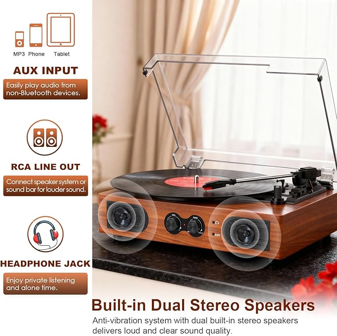 Vinyl Record Player with Walnut Finish, 3-Speed Belt-Drive Turntable with - Image 4