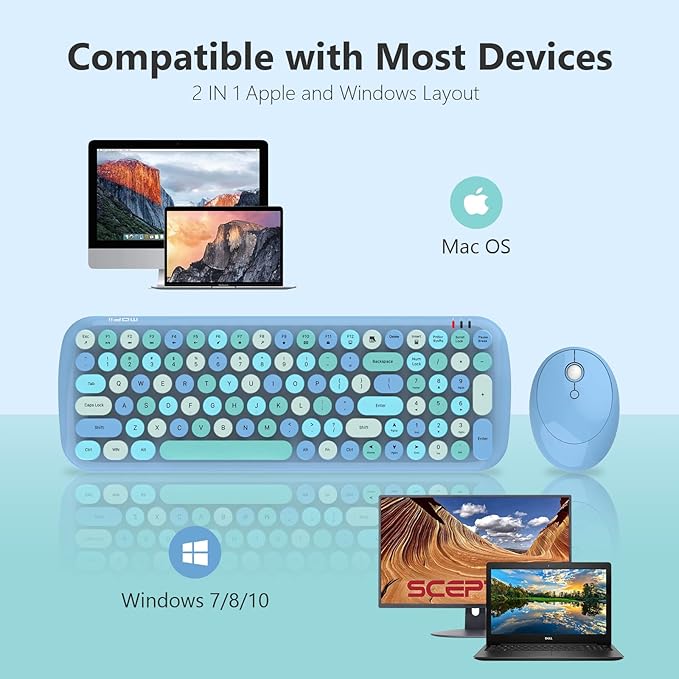KNOWSQT Wireless Keyboard and Mouse Combo, Light Blue 100 Keys 2.4 GHz Round - Image 4