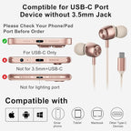 Pink USB C Headphones for Women Girls, Cute Wired Type C Earbuds - Image 7