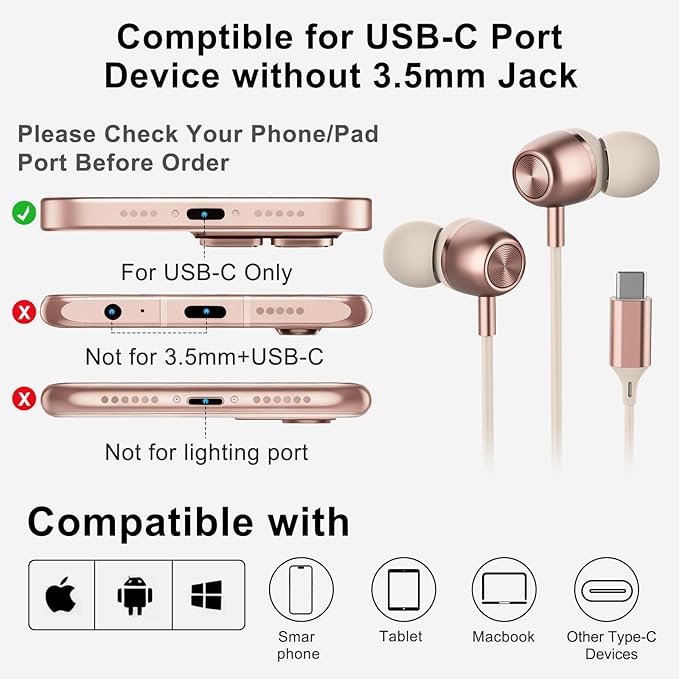 Pink USB C Headphones for Women Girls, Cute Wired Type C Earbuds - Image 7