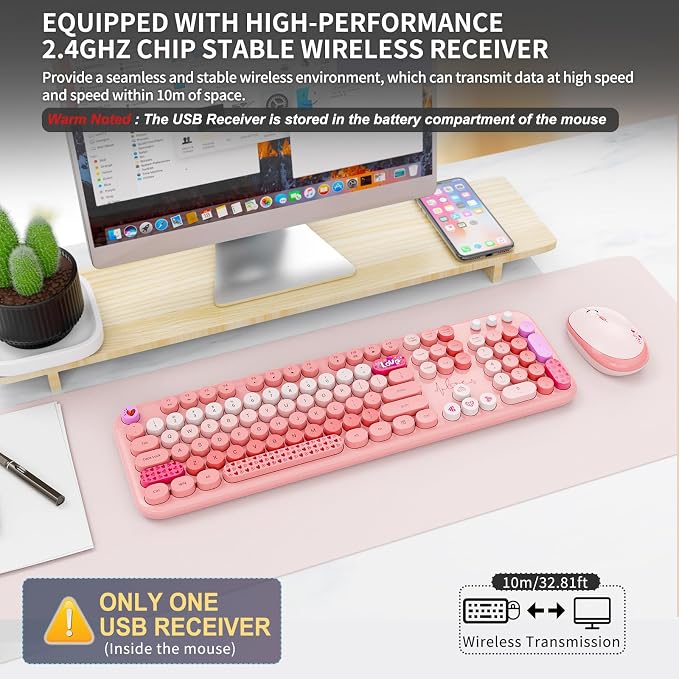 Wireless Keyboard and Mouse Combo, 104 Round Keys Full-Size Cute Colorful Pink - Image 3