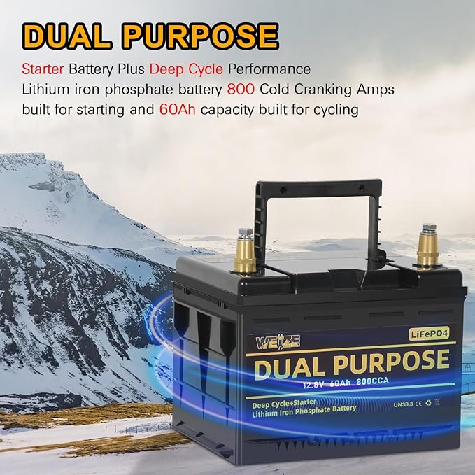WEIZE 12V 60AH Dual Purpose LiFePO4 Lithium Battery, 800CCA Group 24 Group 34 - Image 2