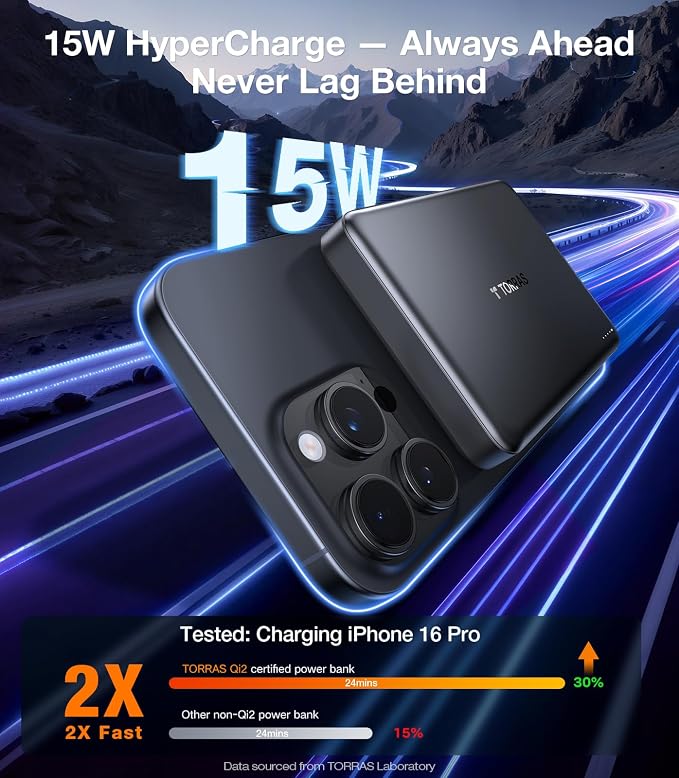 TORRAS MiniMag Qi2 Power Bank, 000mAh Magnetic Battery Pack, Qi2 Certified 30W - Image 2