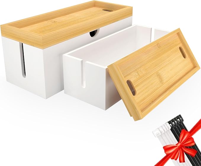 Bamboo Cable Management Box, Large Cord Organizer Box Cable Box to Hide Wires & - Image 9