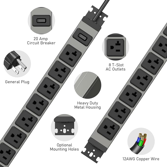 JUNNUJ Heavy Duty Power Strip Wall Mount, 20 Amp Surge Protector 1200J Metal 8 - Image 2
