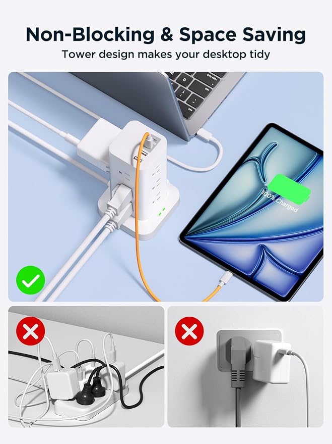 Surge Protector Power Strip, 6FT Flat Plug Extension Cord - Image 2