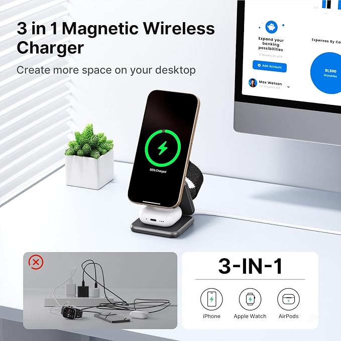 3 in 1 Charging Station for Apple Multiple Devices, Zinc Alloy Foldable Travel - Image 2