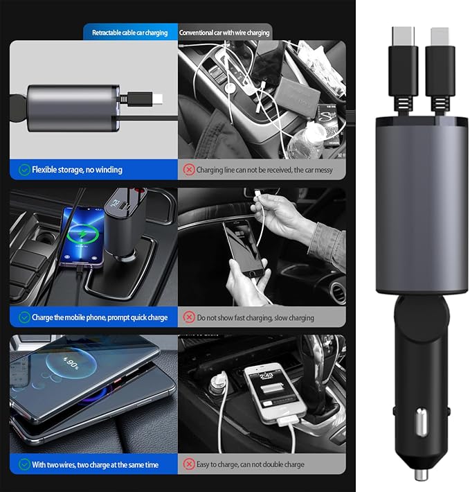 Retractable Car Charger，4 in1 Fast Car Phone Charger - Image 5