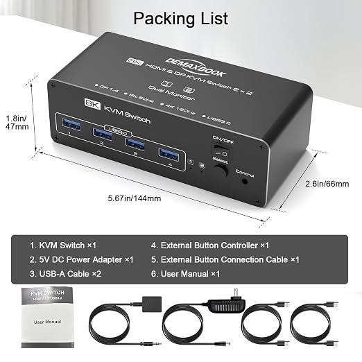 DEMEXBOOK Dual Monitor DisplayPort KVM Switch 2 Monitors 2 Computers 8K@60Hz - Image 9