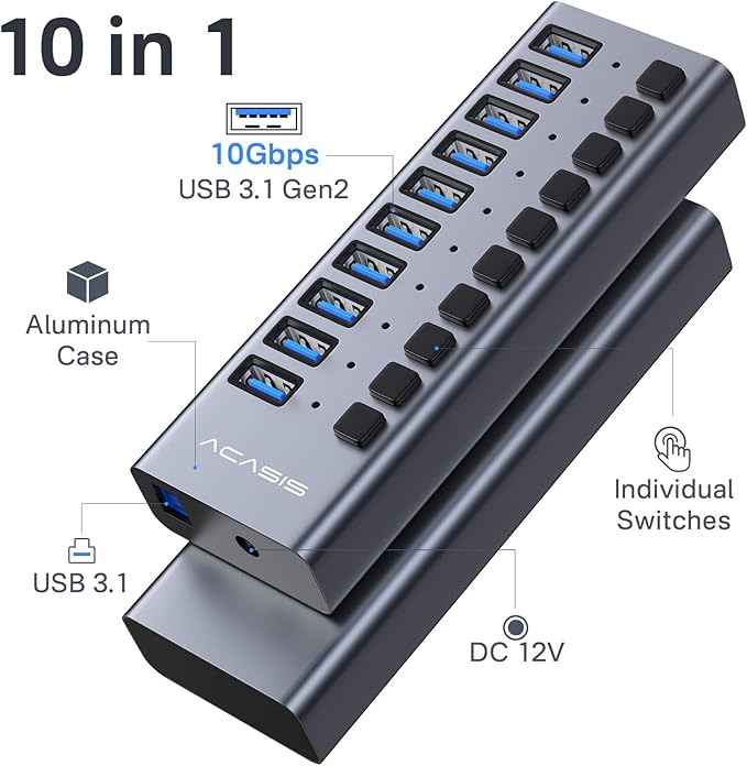 ACASIS Powered USB Hub, 10 Ports USB 3.1 Hub - Image 2