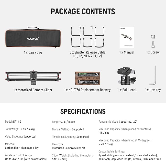 NEEWER 31.5"/80cm Motorized Camera Slider, App Wireless Control DSLR Carbon - Image 7