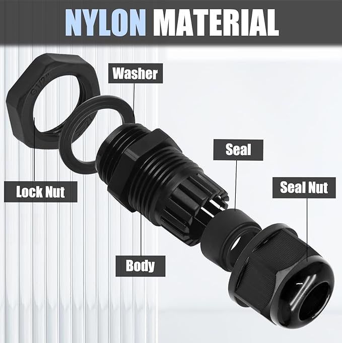 25 Pcs Nylon Cable Glands, PG7 PG9 PG11 PG13.5 PG16 Strain Relief Cable Cord - Image 4
