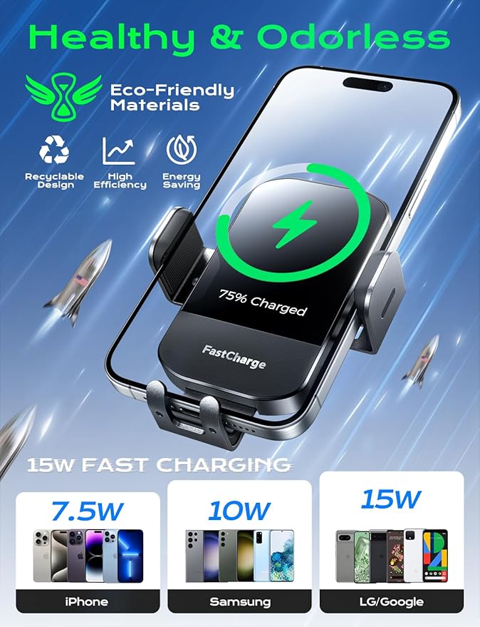 Wireless Car Charger, 15W Fast Charging Auto Clamping Phone Holders - Image 2