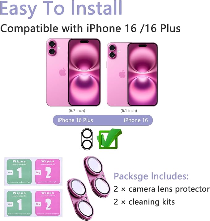 2 Pack Camera Lens Protector for iPhone 16 / iPhone 16 Plus, AR Tempered Glass - Image 2