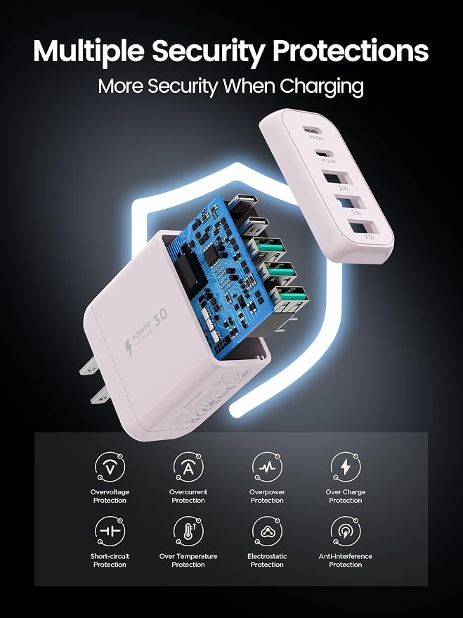 2-Pack Type C Fast Charging, 50W 5-Port USB Wall Charger Cube - Image 7