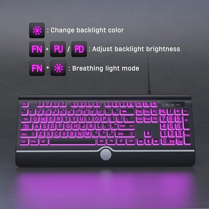 Large Print Backlit Computer Keyboard, USB Full Size Wired Keyboards - Image 5