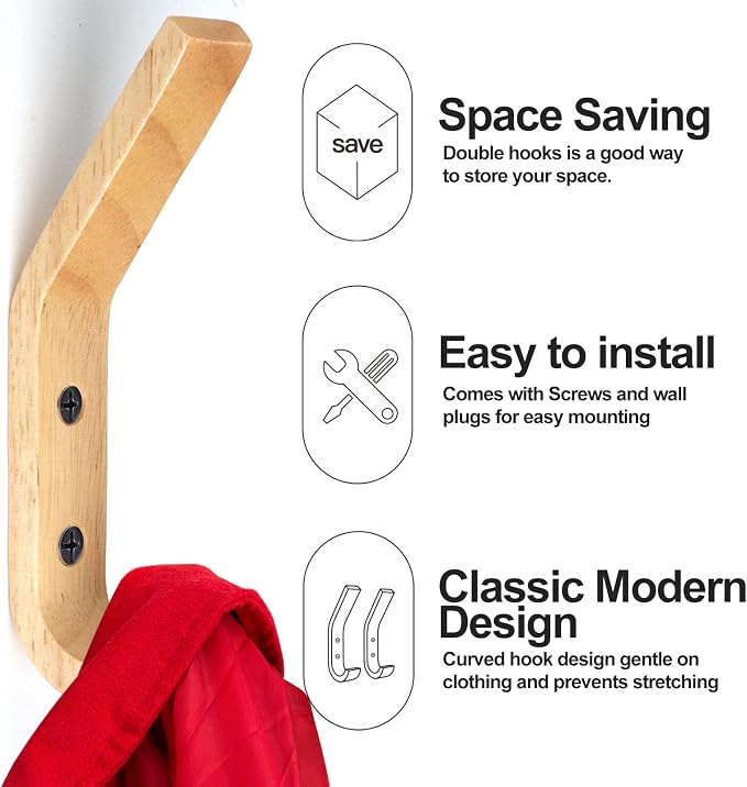 HNYYZL Wooden Wall Hooks, 6 Pack Wood Hooks Wall Mounted, Modern Coat Hooks - Image 3