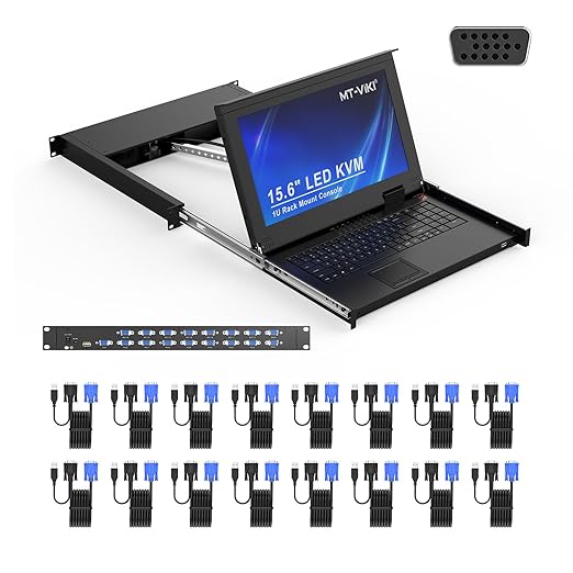 MT-VIKI 16 Port VGA KVM Console, 1U Rack Mount KVM Console w/15.6'' LCD Monitor by MT-VIKI