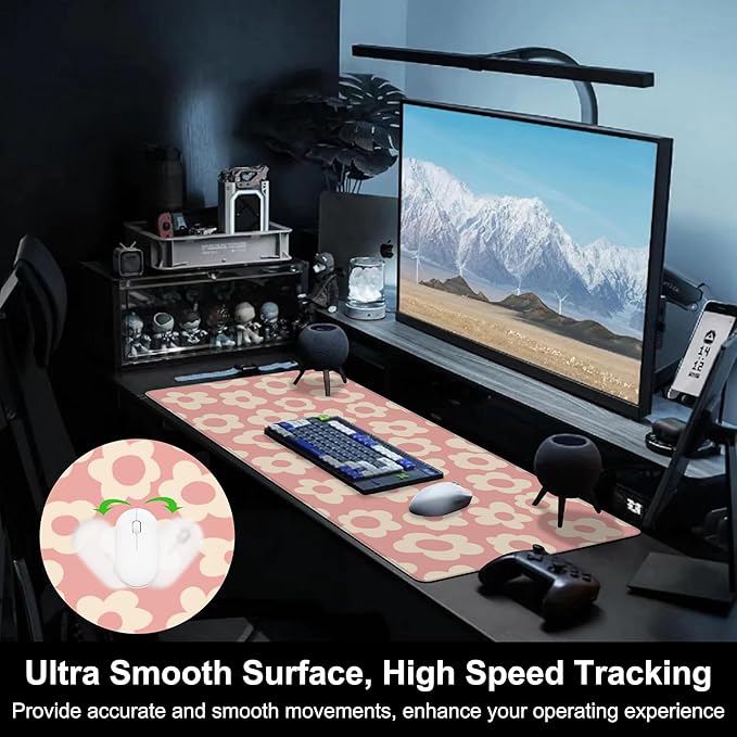 Mouse Pad, Large Pink Groovy Flowers Desk Mat, Extended Non-Slip Gaming - Image 5