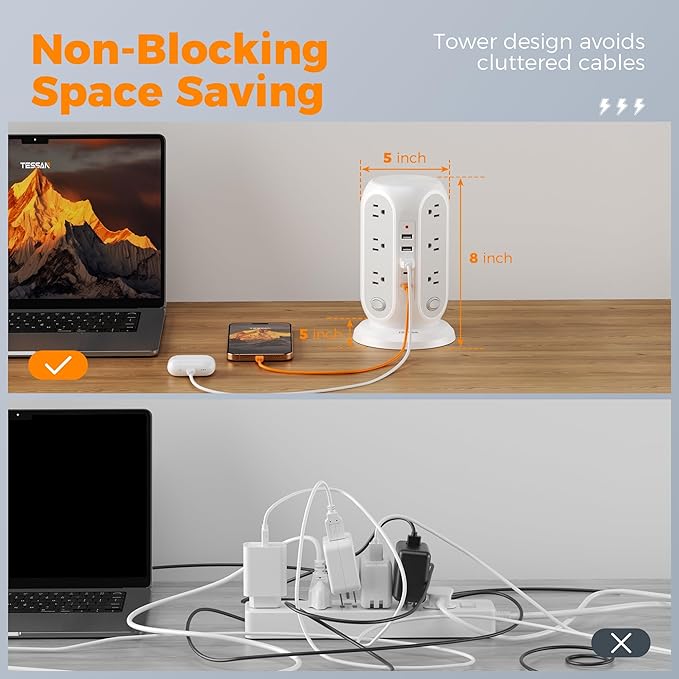 TESSAN Tower Power Strip with Individual Switches, Surge Protector with 12 - Image 5