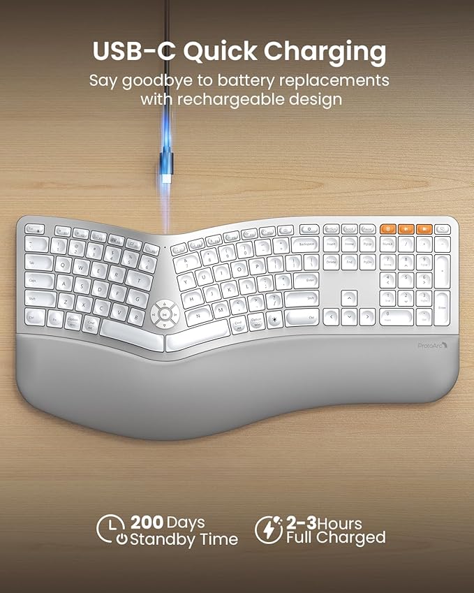 ProtoArc Backlit Bluetooth Ergonomic Keyboard, EK01 Plus Full Size Wireless - Image 5