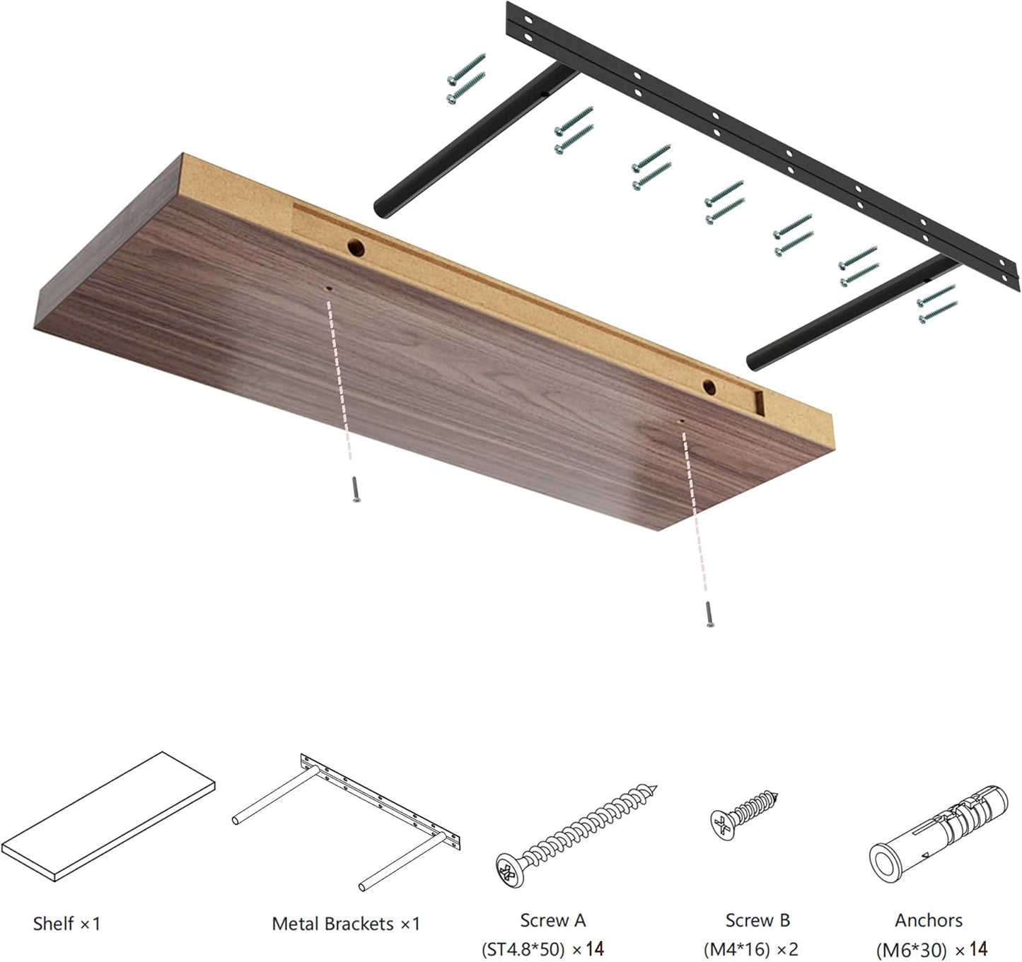 Large Floating Shelves for Wall Set of 1 Wooden Wall Shelves 36 in x 12.75 in x 2 in Room Decor Long Shelf with Invisible Wall Mount Bracket for Bedroom Kitchen Living Room Walnut
