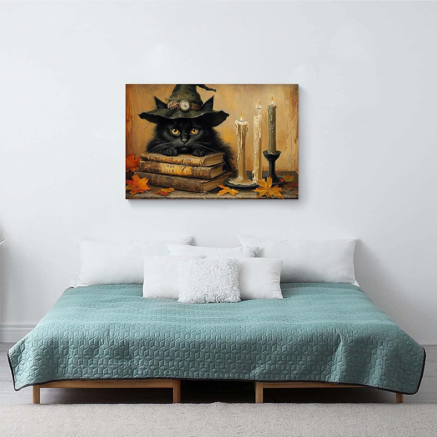 JFHCQJPK Vintage Halloween wall decoration black cat and magic book suitable for home bedroom living room decoration dark classic art witch wall decoration16x24in Frameless