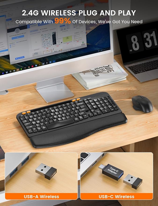 Wireless Keyboard and Mouse Combo, Ergonomic Wave Keys, Cushioned Plam Rest - Image 7