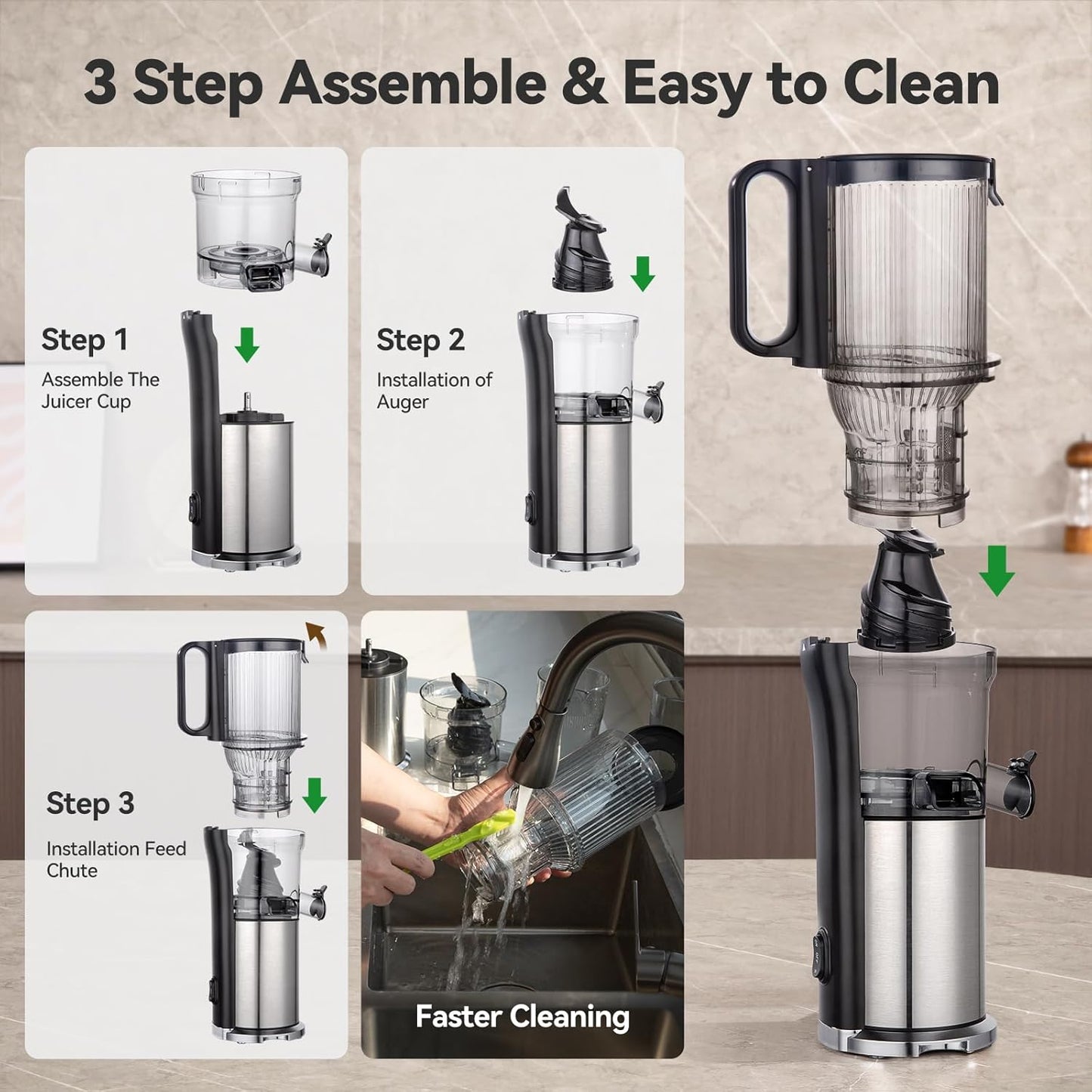 Juicer Machines, Cold Press Juicer with 5.0” Large Feed Chute Fit Whole Fruits & Vegetables, Stainless Steel Masticating Juicer With Pulp Seperation, 99% Juice Purity, 200W Quiet Motor, Easy to Clean