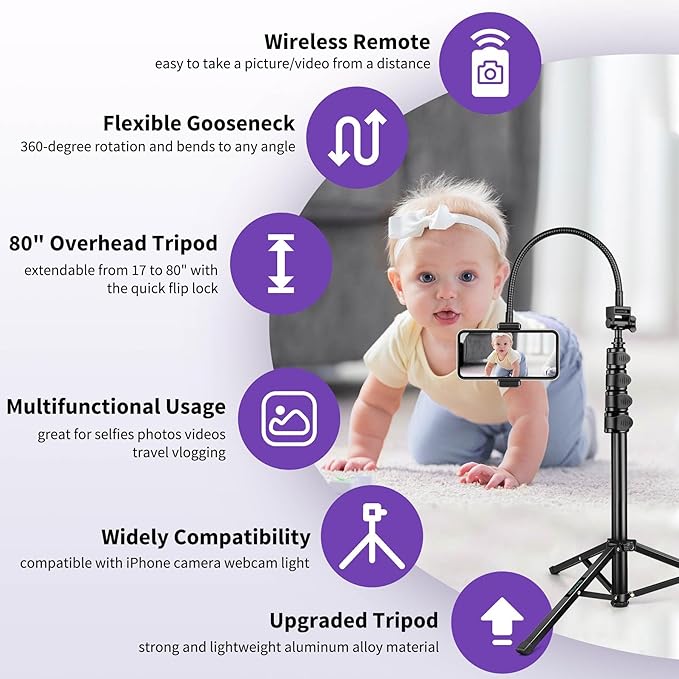 80" Phone Tripod, Selfie Stick Cellphone Tripod, Aluminum Tripods Stand - Image 5