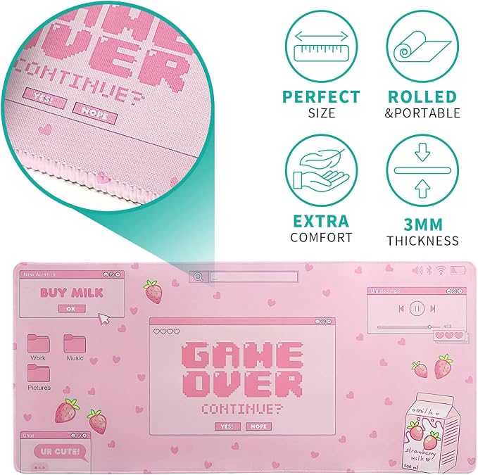Pink Gaming Mouse Pad 31.5x11.8 Inch Pastel Game Over Large Mousepad Kawaii - Image 4