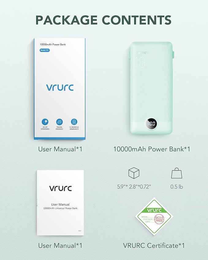 VRURC Portable Charger Built-in Cables and AC Wall Plug, USB C Power Bank - Image 8