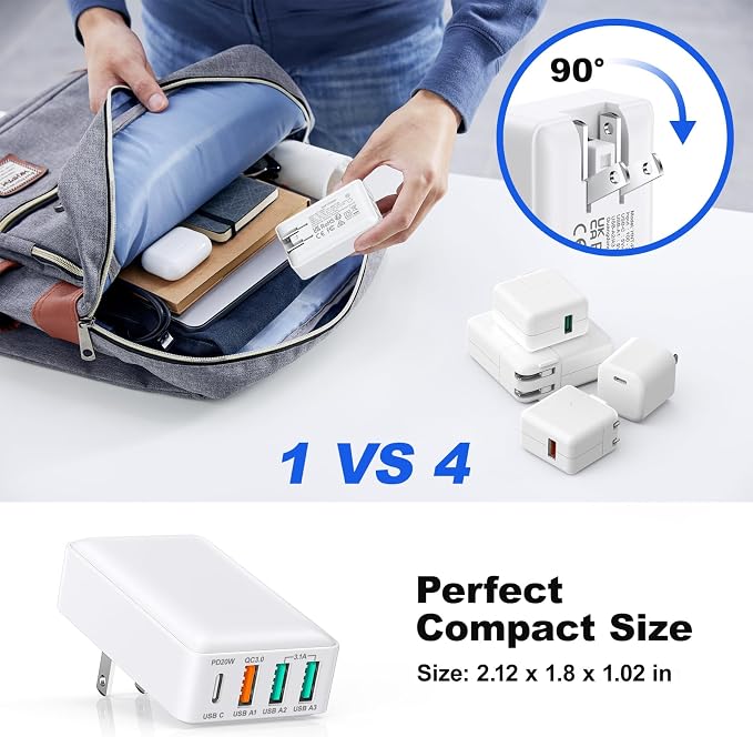Flat USB Wall Charger, Excgood 40W 4Port USB and USB C Fast Charging Block - Image 6