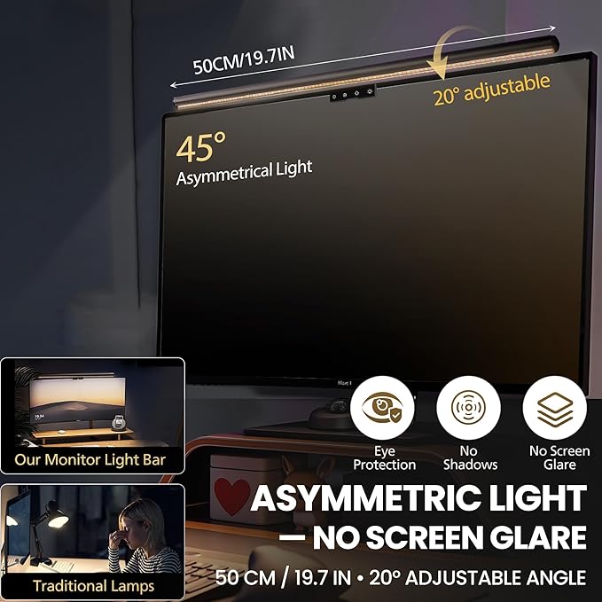 Monitor Light Bar 19.7", No-Glare Asymmetric Screen Lamp, Auto-Dimming USB - Image 2