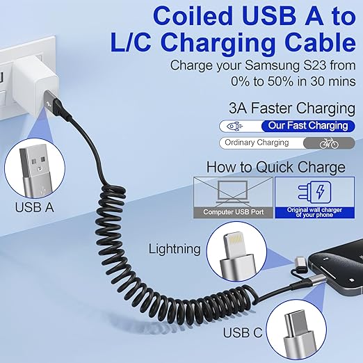 USB to USB-C and Lightning Cable Combo, 2 in 1 Coiled iPhone Charger Cable - Image 4