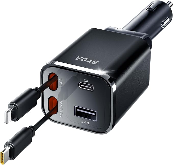 Retractable Car Charger, 4 in 1 Fast Charging USB-C & USB-A Compatible by BYDA