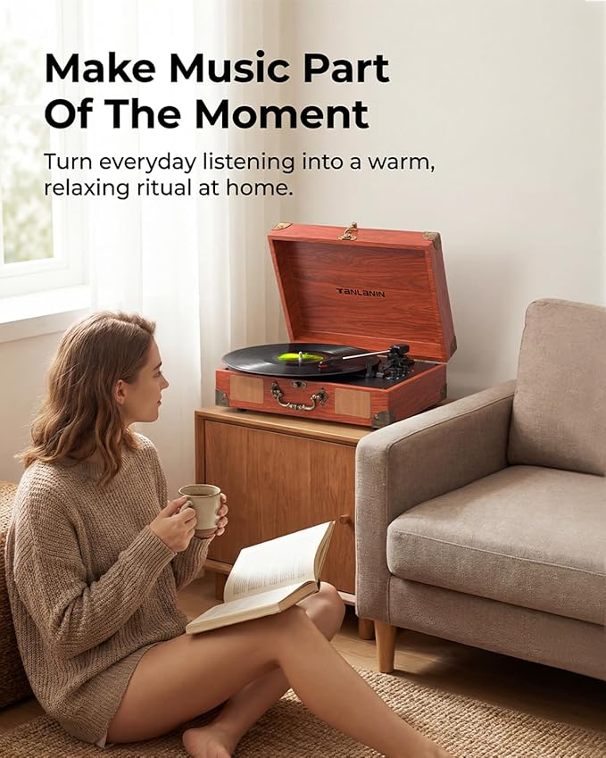 Vinyl Record Player with Bluetooth Output & Input, Treble & Bass Control - Image 4
